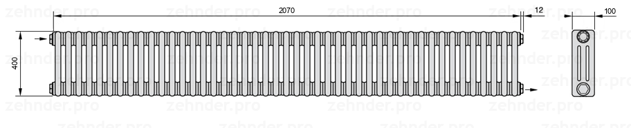 Схема (чертеж) Радиатор Zehnder Charleston 3040/45 №1670 Белый глянцевый RAL 9016
